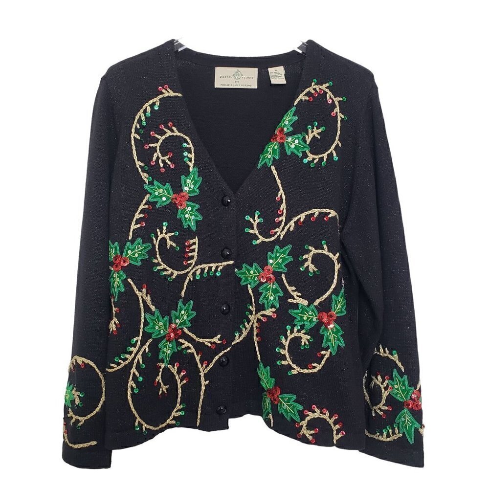 Design Options Holly Berry Cardigan Beaded Sequin Holiday Sweater Womens Sz XL